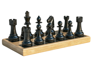 Black chess pieces on a board. Wooden frame. Strategic game, detailed view