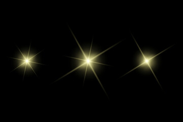 Golden sparkle  lights, flashing lights, light effects, sunlight lens flare, glowing ray beams, sparkling starsicon on black background.