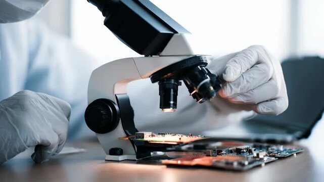 Researcher uses microscope to analyze biodegradable electronic components focusing on reducing electronic waste by integrating compostable materials in device manufacturing.