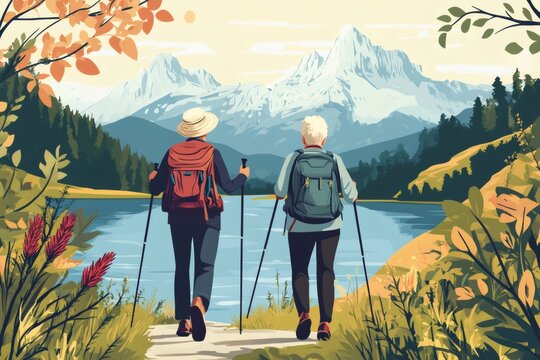 Elderly couple with backpacks and trekking poles walking along a scenic path beside an alpine lake, enjoying active retirement - Powered by Adobe