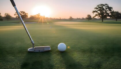 A golf ball and putter on a pristine putting green during a warm, golden sunset.