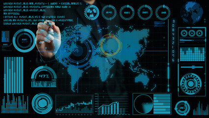 Modern digital interface for business analytics featuring world map, charts, and graphs, ideal for corporate decision-making and strategy development in a data-driven environment. Cipher