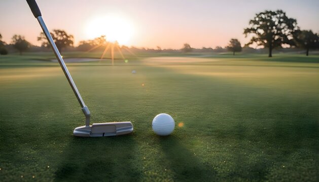 A golf ball and putter on a pristine putting green during a warm, golden sunset.