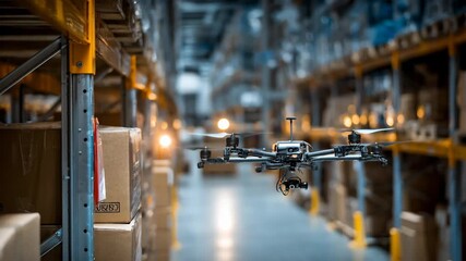 Automated drones scanning warehouse shelves capturing inventory data with precision in a hightech logistics environment. - Powered by Adobe