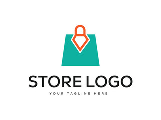 Teal shopping bag with orange lock icon and store logo text retail