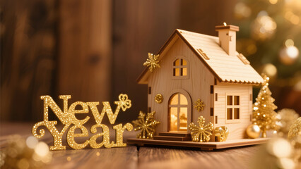 Warm festive wooden house decorated with glowing golden ornaments and sparkling New Year lettering on rustic wooden table with bokeh lights