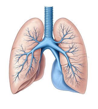 Anatomical lungs drawing showing bronchi branching to alveoli, against black