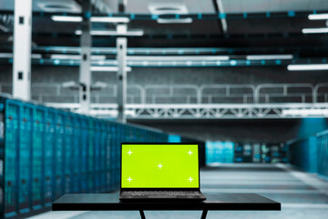 Green screen laptop in high tech data center used to troubleshoot backend operations. Mockup notebook in server farm running software development tools, resolving system crashes