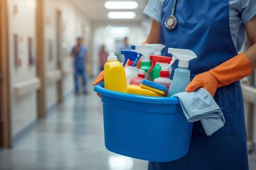 Hospital Cleaning Staff with Sanitizing Supplies Ensuring Hygiene and Disinfection in a Medical Facility