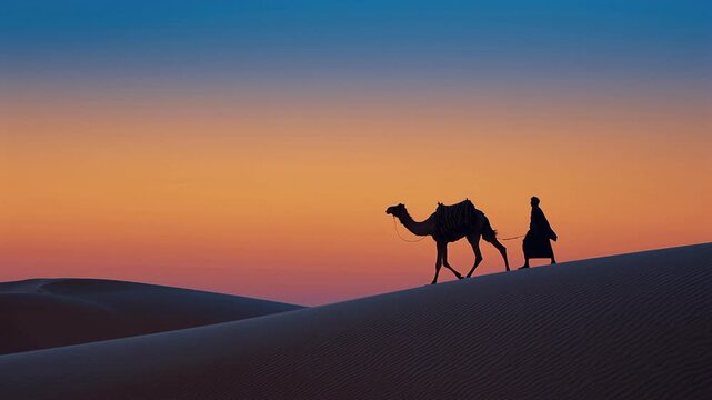 A nomad and their camel journey across rolling sand dunes, captured as a dramatic silhouette against the warm, golden light of a desert sunset.