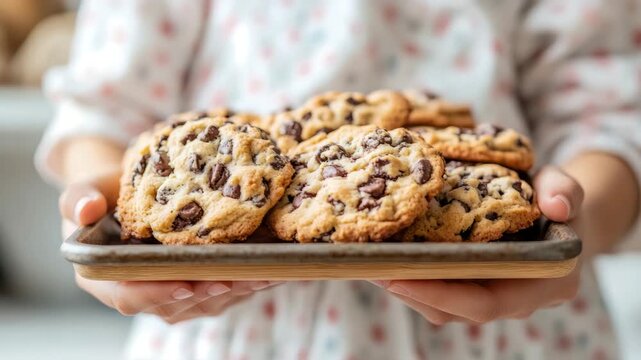 Warm, golden-brown chocolate chip cookies with melted morsels presented on rustic wooden tray held by gentle hands, embodying homemade comfort and delightful treat