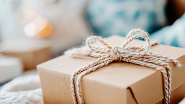 Charming brown craft paper gift box elegantly wrapped with natural twine string and delicate bow, conveying warmth and thoughtful giving for special occasion