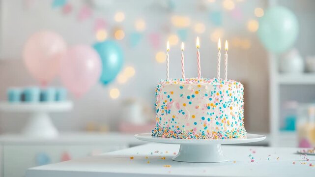 Delightful white frosted celebration cake adorned with colorful sprinkle and five lit candle, set against cheerful blurred party room