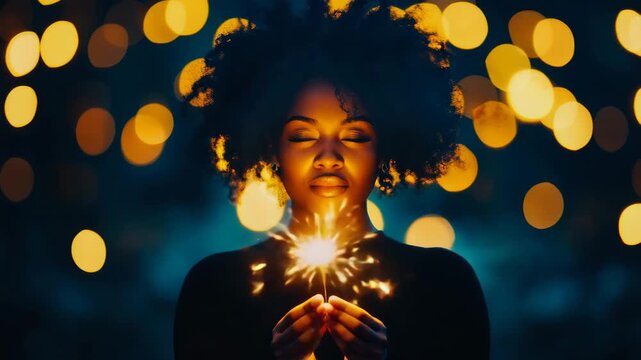 Intimate portrayal of woman with dark skin and flowing curls, holding vibrant sparkler, with closed eyes expressing deep contentment under night sky adorned with soft, golden orbs