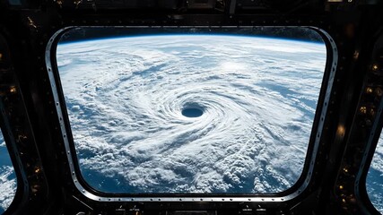 View of a massive hurricane from space, seen through the window of a spacecraft, showcasing the swirling clouds and eye of the storm vector illustration - Powered by Adobe