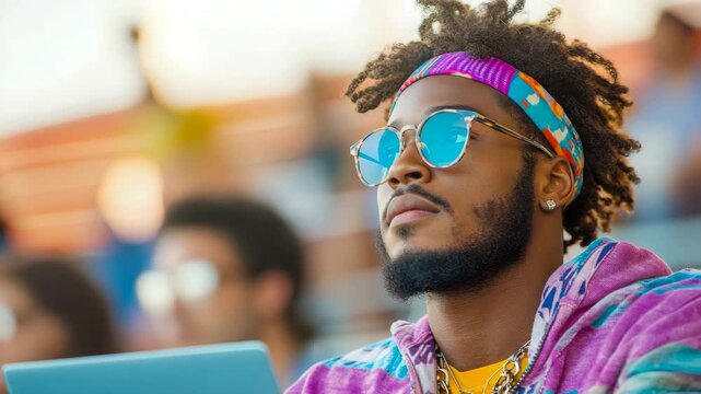 Young Black man with dreadlock hair, wearing reflective blue sunglasses and vibrant patterned bandana, looks thoughtfully upward in bright outdoor environment