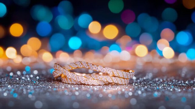 Opulent golden bangle with shimmering facets rests upon glittery ground, bathed in soft glow of colorful, blurred festive illumination