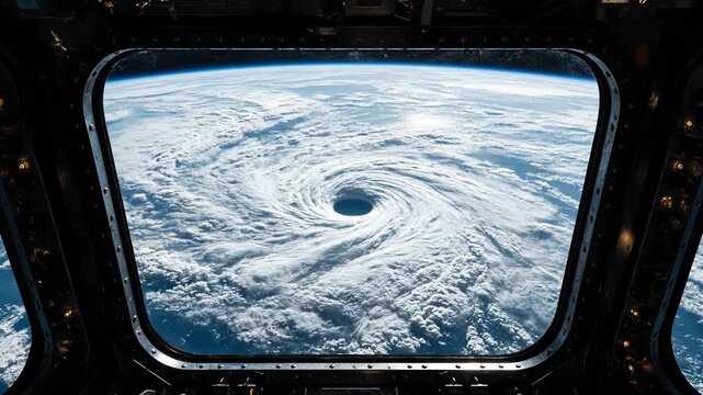 View of a massive hurricane from space, seen through the window of a spacecraft, showcasing the swirling clouds and eye of the storm vector illustration