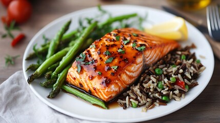 Salmon fillet with green beans rice and lemon on a plate.