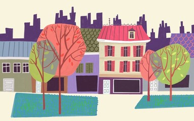 Ilustración con técnica gouache. Casas y árboles de una ciudad de cuentos
