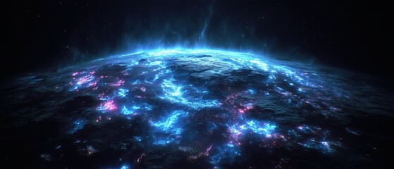 Fototapeta premium Glowing ocean-like surface with a cosmic backdrop.