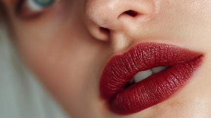 Close-Up of Woman's Lips with Bold Red Lipstick and Soft Natural Makeup
