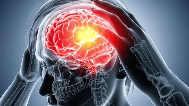 Stunning 3D medical animation of human brain experiencing a headache with radiating pain, perfect for health and wellness promotions