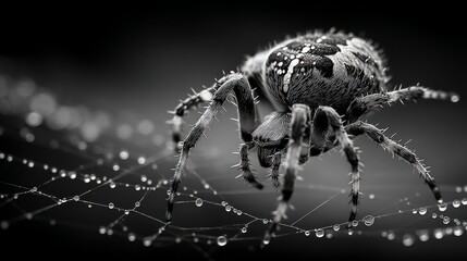 Black and White Macro Image of a Spider on a Web with Dew Drops in Focus