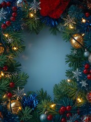 Festive christmas wreath with twinkling lights and ornaments framing a soft blue background for copy space