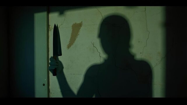 Scary Shadow of a Person with a Knife on Wall - Suspenseful Horror Scene