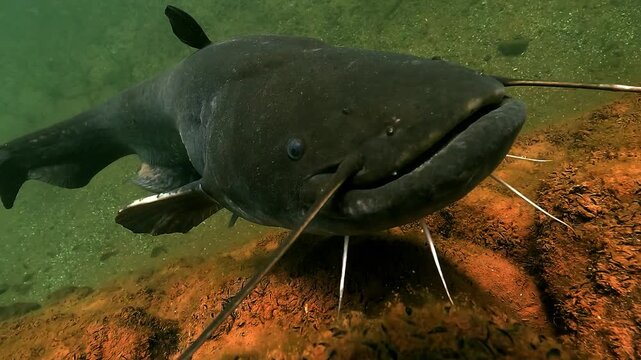 A curious wels catfish &ndash; Silurus glanis &ndash; gently investigates the underwater camera, brushing it with its tactile barbels. Scene highlights sensory abilities of this apex predator.