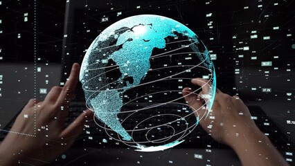 A visual representation showing hands interacting with a glowing digital globe, merging technology and data visualization in an innovative and modern context. Xenic
