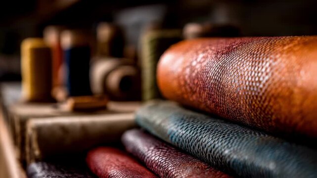 Focused view of pineapple leather material showing intricate pattern and texture while the background tools and fabrics remain out of focus.