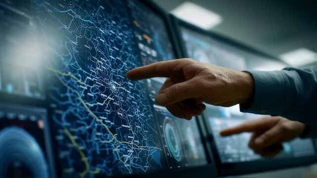 Focused medium shot of a flight planner pointing to an alternative flight path on a touchscreen display with surrounding charts and airport details softly blurred.