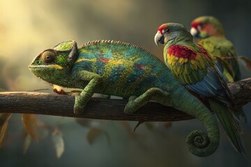Chameleon rests on a branch as colorful parrots observe in a lush forest early in the morning