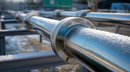 Macro view of frozen pipeline system, fine frost patterns on metallic surfaces, soft cold reflections emphasizing precision engineering, with copy space.