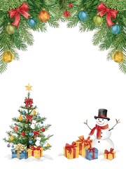 Festive christmas tree and cheerful snowman with gifts and ornaments isolated on white background