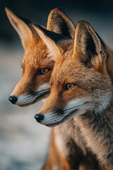 Fototapeta premium Two foxes gaze thoughtfully at the serene landscape at dusk