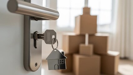 Key in door with house keychain, symbolizing new home, moving boxes, and fresh start in bright interior space - Powered by Adobe