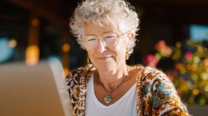 Elderly woman with curly hair smiling at laptop in cozy setting.