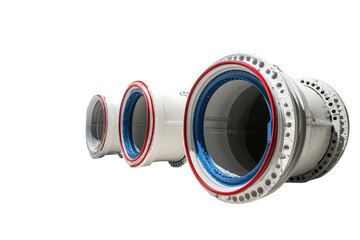 Stacked metal pipes with red/blue rings, perspective view on black