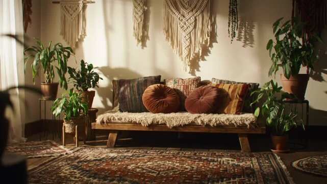 Cozy bohemian living room with plants and macrame wall hangings.