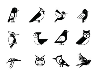 Collection of stylized black and white bird silhouettes featuring various species and poses on a white background
