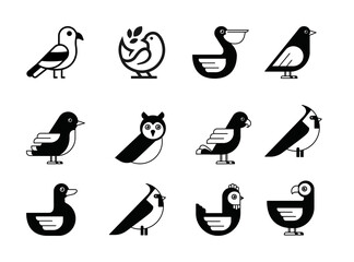 Collection of twelve stylized black and white cartoon bird icons representing various species in a simple illustrative style