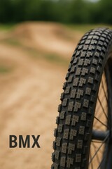 Fototapeta premium Text BMX close-up on bike tire for dirt riding. Background blurred dirt track area.