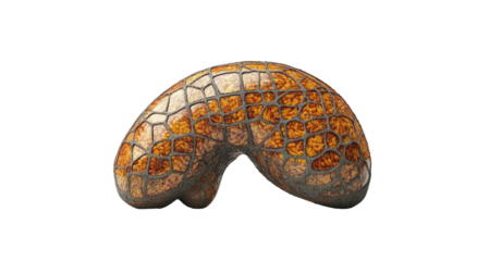 Curvy organic form, brown stone texture with a gray, netted frame