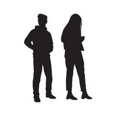 Set of vector silhouettes of men and women standing together in a group representing business professionals and teamwork. Black color isolated on a white background showing unity collaboration and lea