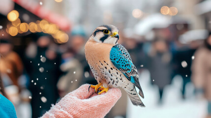 Captivating colorful falcon-like bird with striking blue and orange feathers perches gently on person's gloved hand during magical snowy winter market evening with blurred bokeh lights