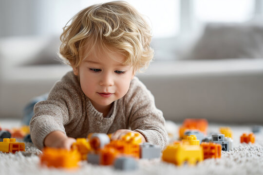 Young boy with curly blond hair plays on soft carpet with colorful building blocks, focusing intently on his activity