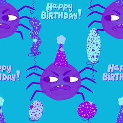 Birthday party seamless spider pattern for wrapping paper and fabrics and linens and kids clothes print